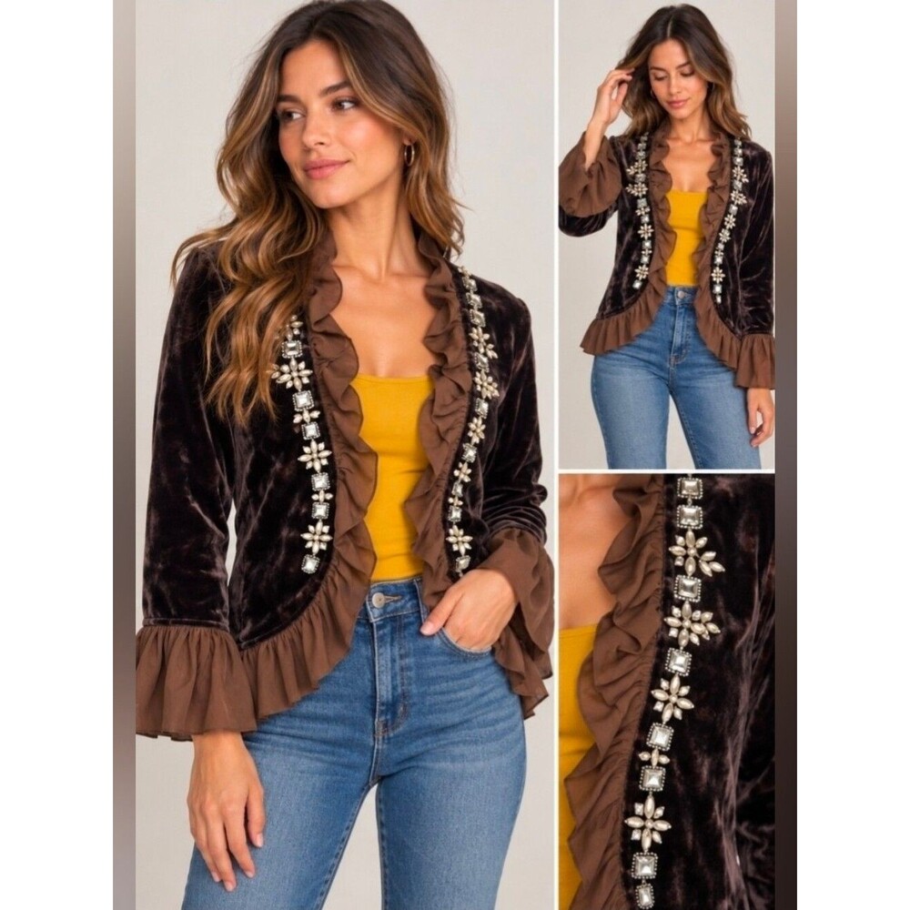 Joolay Velvet Jeweled Ruffle Bell Sleeve Jacket Women’s Boho Romantic Size Small